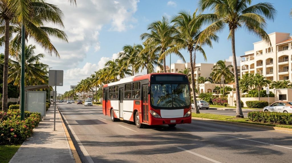 A public bus on the palm-lined boulevard through the Cancun Hotel Zone