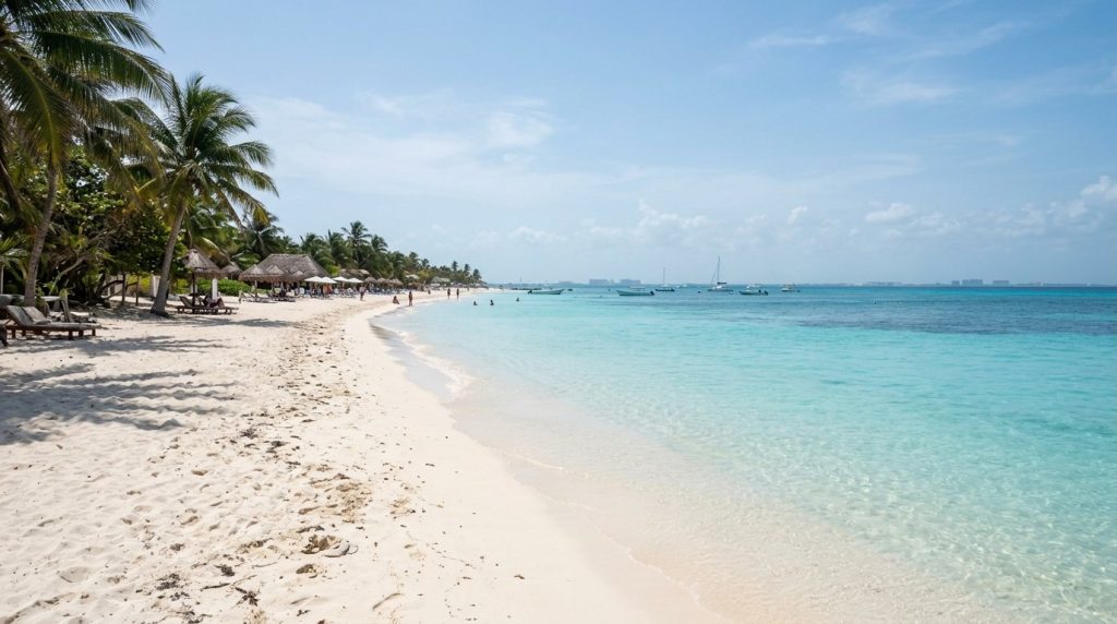 A clear sandy beach with turquoise water on Isla Mujeres near Cancun