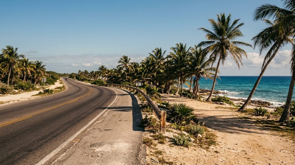A coastal highway lined with palm trees near Cancun, Mexico