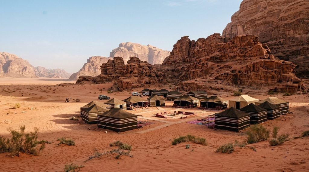 Bedouin-style tents in the red sand desert of Wadi Rum, Jordan