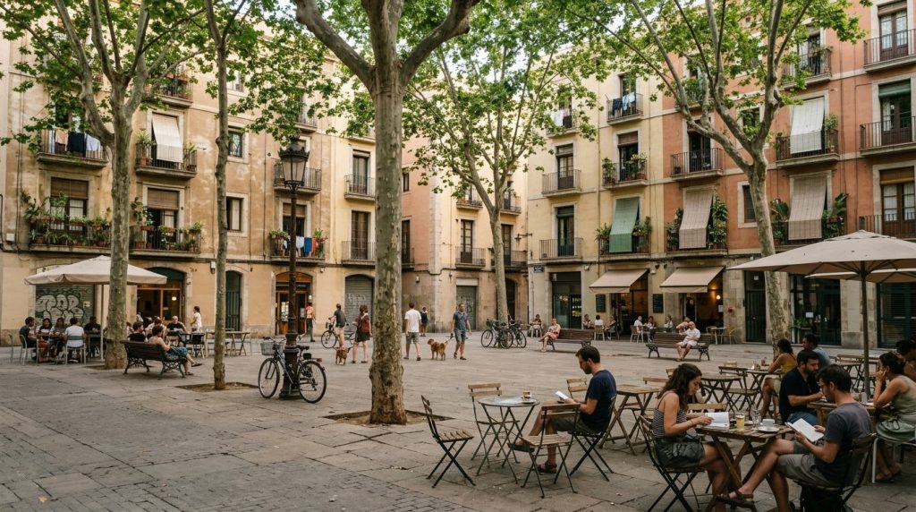 A quiet plaza with cafe tables in the Gracia neighborhood of Barcelona
