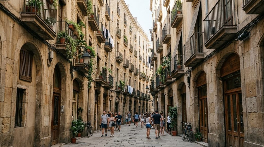 A narrow medieval street in the Born neighborhood of Barcelona, Spain