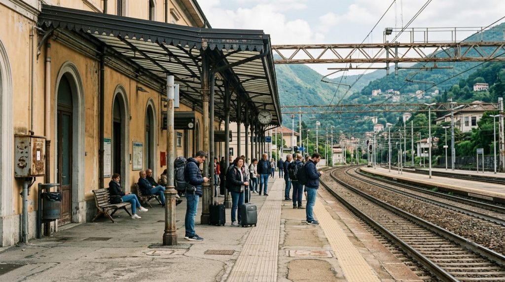 A regional train platform with passengers waiting in Como, Italy