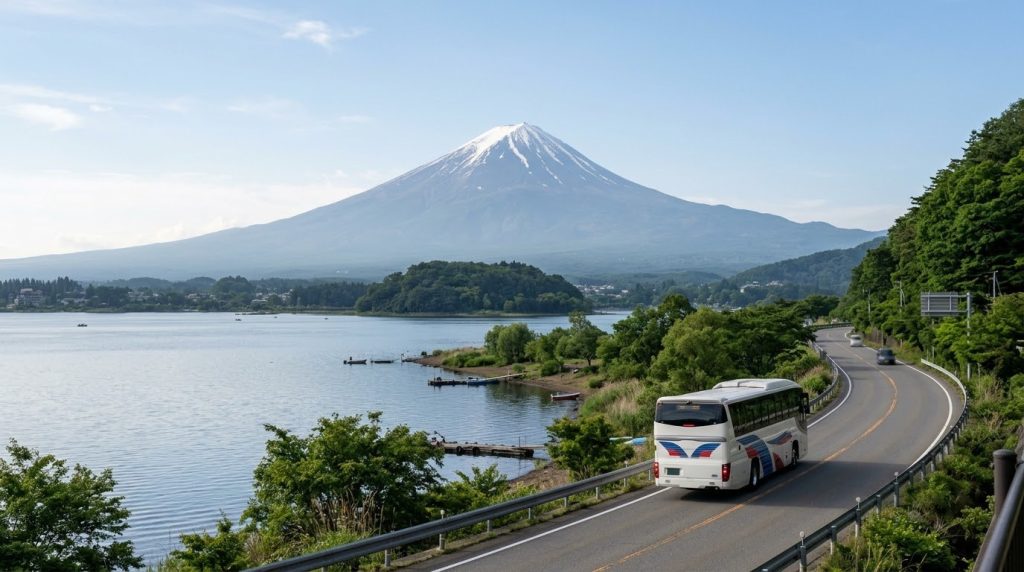 A highway bus traveling toward Mount Fuji near Lake Kawaguchi, Japan