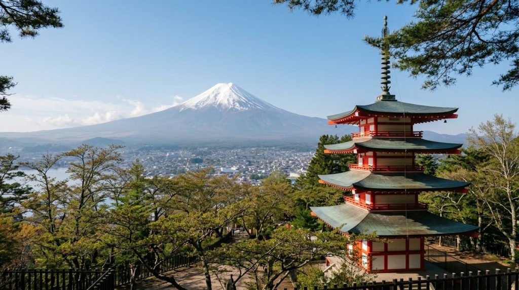 Mount Fuji rising behind a red pagoda near Lake Kawaguchi, Japan