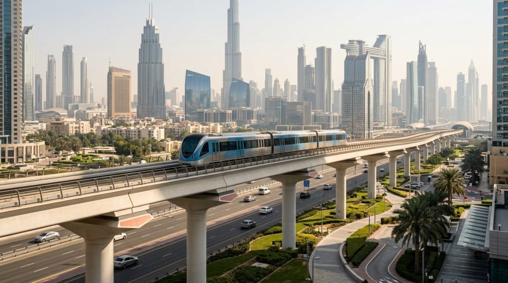 A metro train on elevated tracks with the Dubai skyline behind it