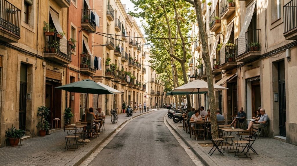 An ordinary residential street with cafes in a Barcelona neighborhood