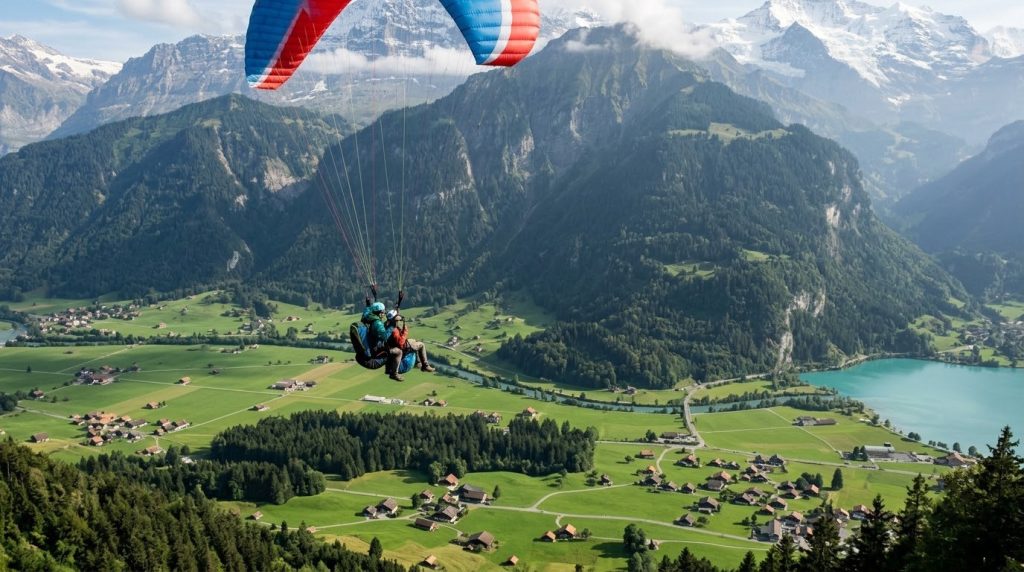 A tandem paraglider soaring over the valley near Interlaken, Switzerland