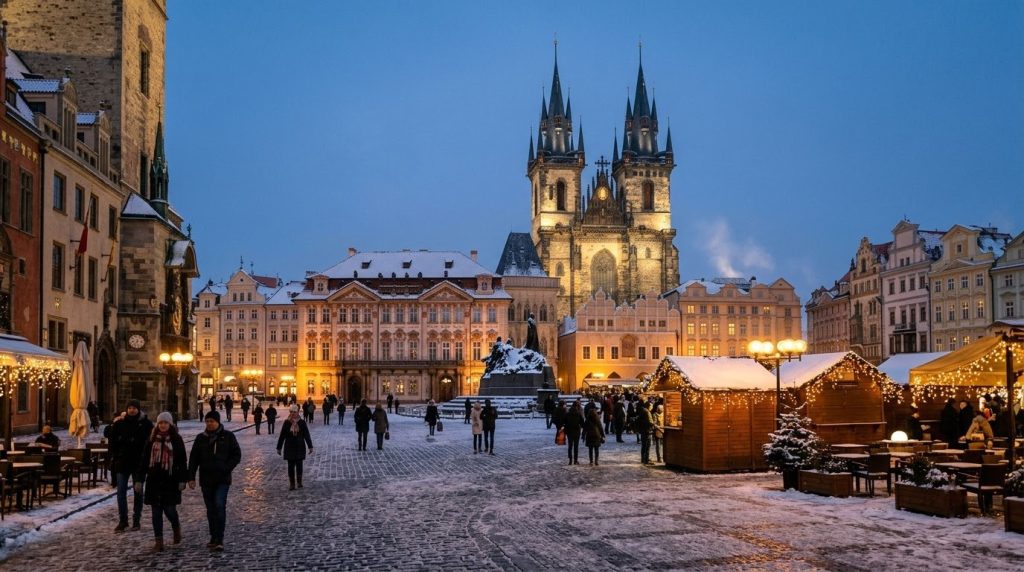 Prague's Old Town Square dusted with snow and lit by lights in winter