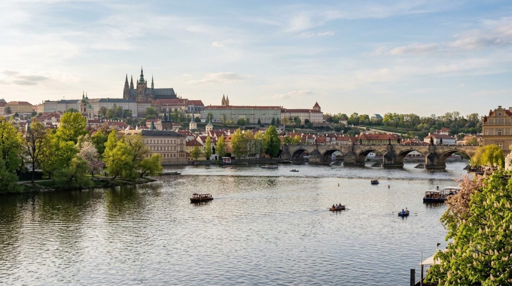 Charles Bridge and Prague Castle over the Vltava River in spring