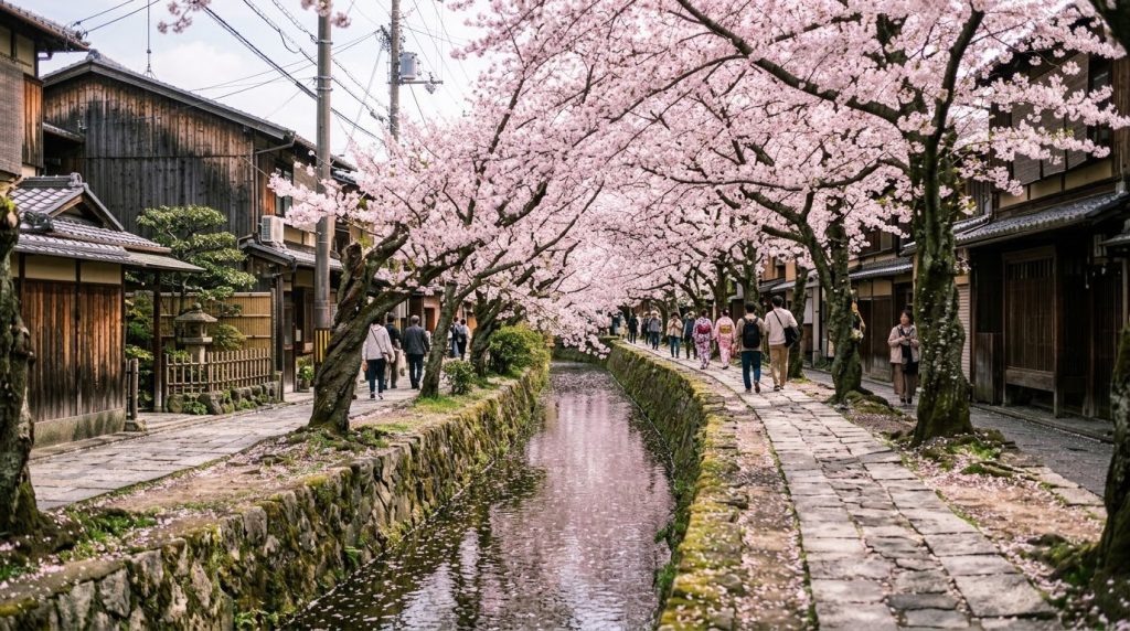 A canal-side path lined with cherry blossom trees in Kyoto, Japan