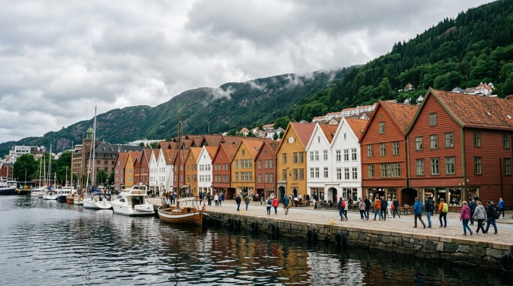 The colorful wooden Bryggen waterfront houses in Bergen, Norway
