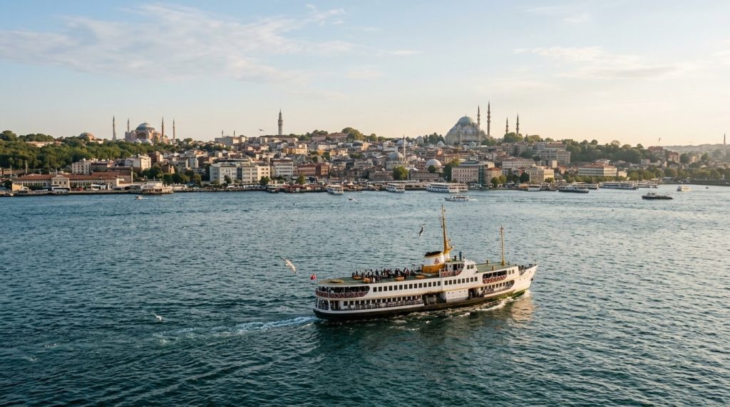 A ferry crossing the Bosphorus with the Istanbul skyline behind it