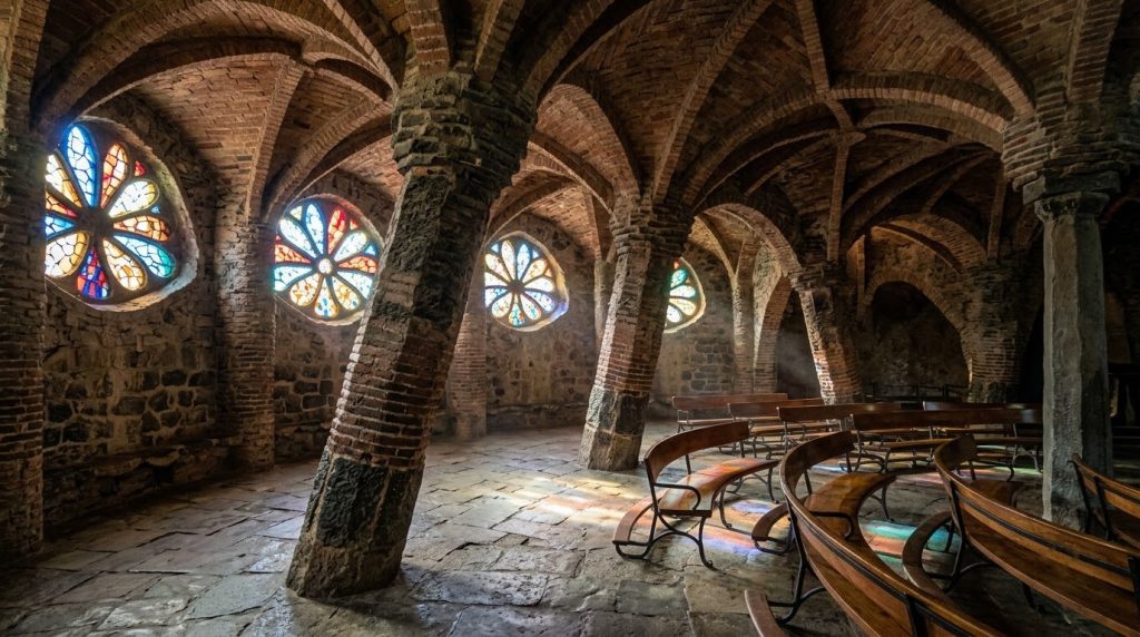 The brick columns of the Gaudi-designed crypt at Colonia Guell near Barcelona