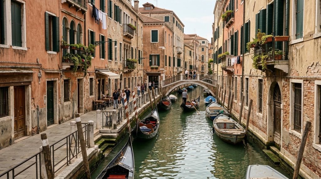 A narrow canal with gondolas in the Cannaregio district of Venice