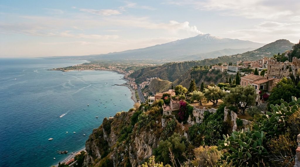 A clifftop coastal view near Taormina, Sicily, with Mount Etna behind