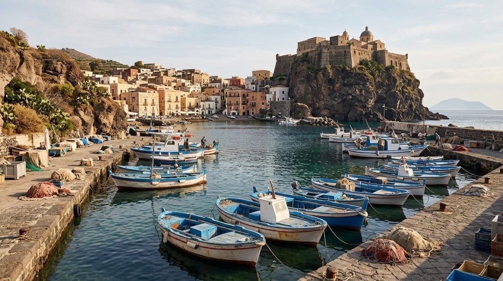 A harbor with fishing boats on Lipari island in the Aeolian Islands