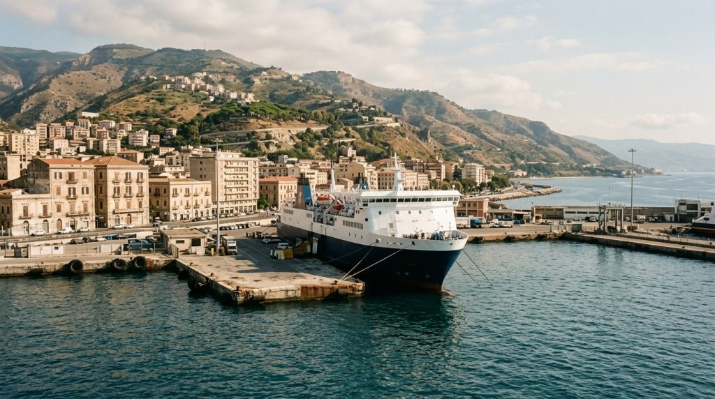 A ferry docked at the port of Messina in Sicily, Italy