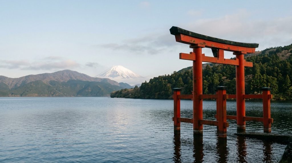 A red torii gate in Lake Ashi with Mount Fuji behind it