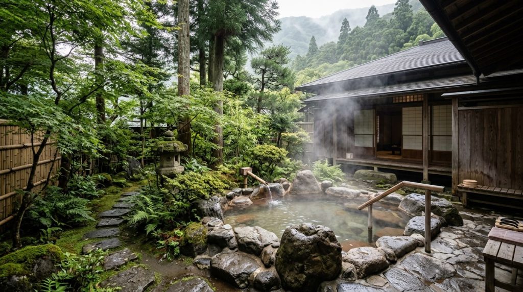 A traditional ryokan garden with an outdoor hot spring bath in Hakone