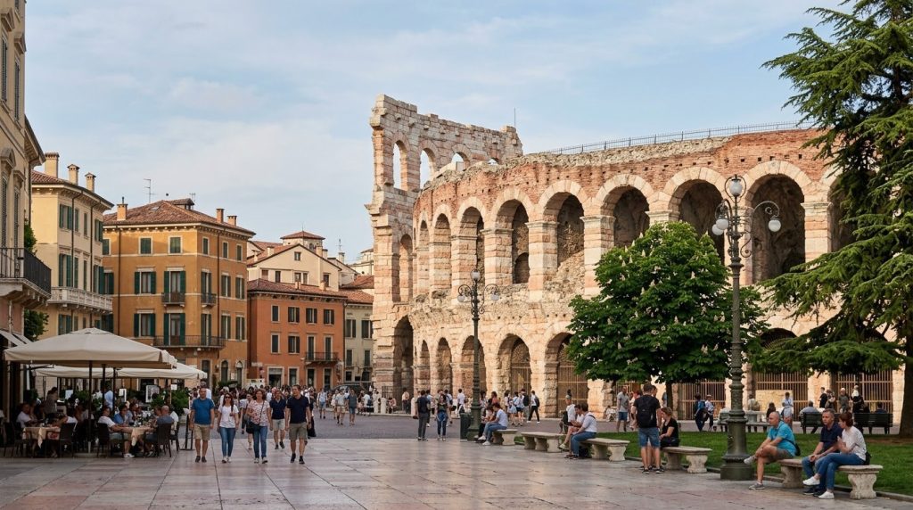 The ancient Roman Arena standing in Piazza Bra, Verona, Italy