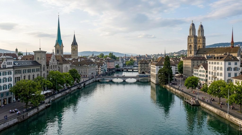 The Limmat River flowing through the historic Old Town of Zurich