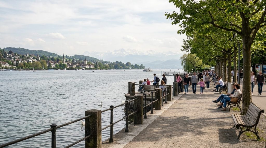 A lakeside promenade along Lake Zurich with the Alps on the horizon