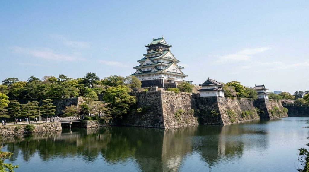 Osaka Castle surrounded by moats and parkland in Osaka, Japan