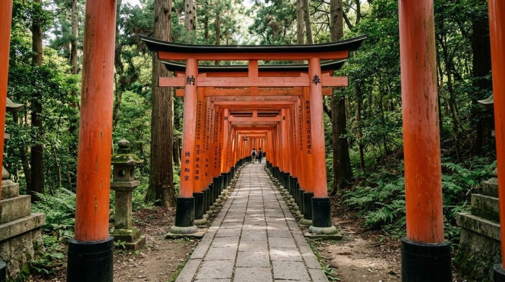 A path of red torii gates at Fushimi Inari Shrine in Kyoto, Japan
