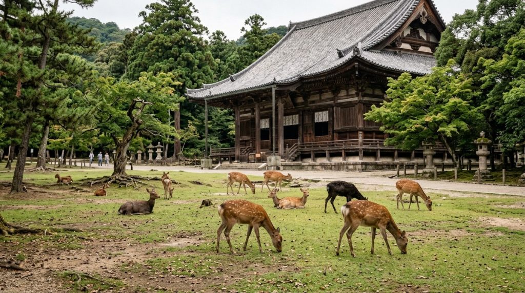 Deer grazing near a wooden temple building in Nara Park, Japan