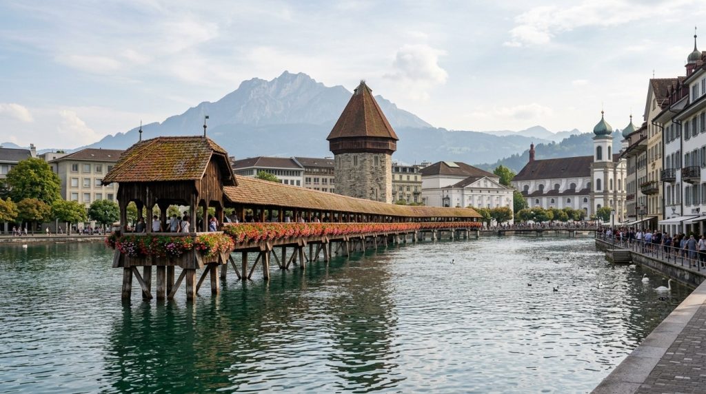 The wooden Chapel Bridge crossing the Reuss River in Lucerne, Switzerland
