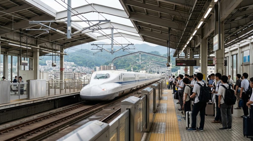 A Shinkansen bullet train arriving at Odawara Station near Hakone