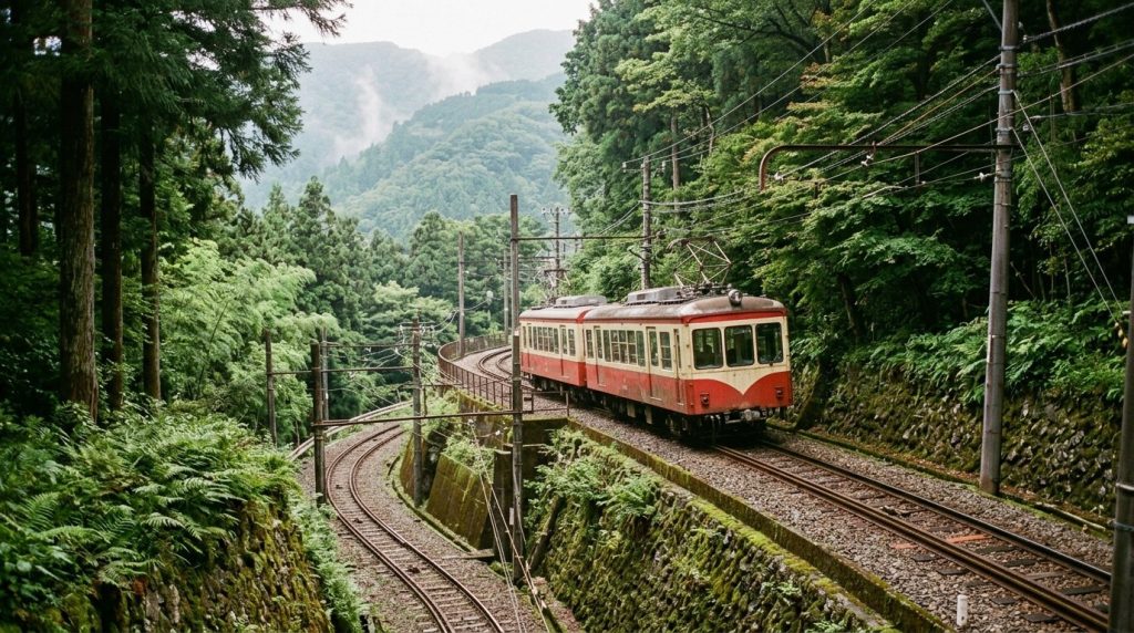 A mountain railway car climbing wooded hills near Hakone, Japan