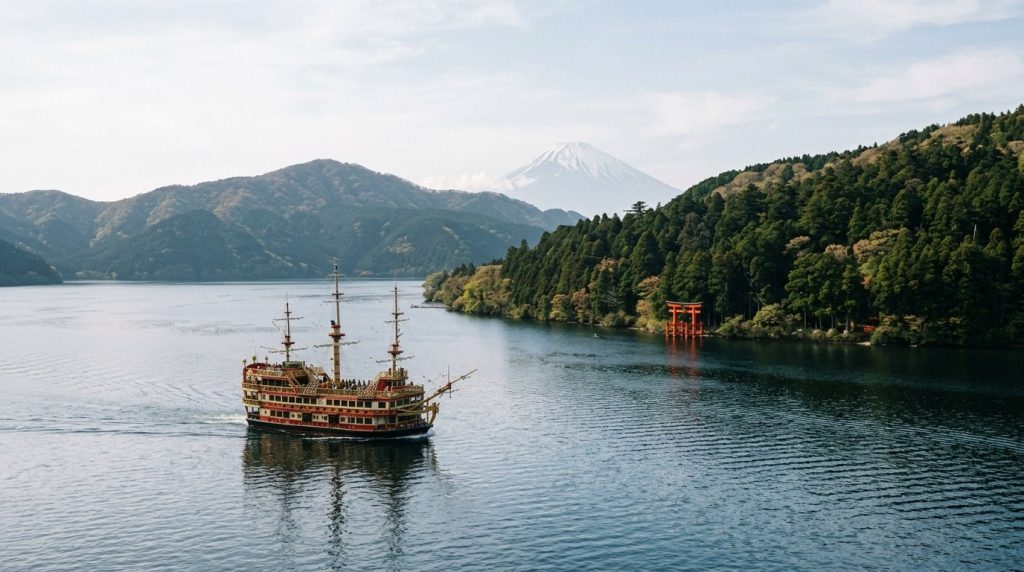 A sightseeing cruise boat crossing Lake Ashi in Hakone, Japan