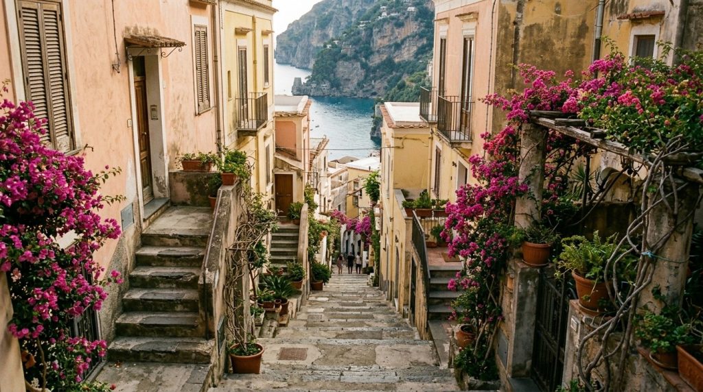 A steep stepped street with pastel houses in Positano, Italy