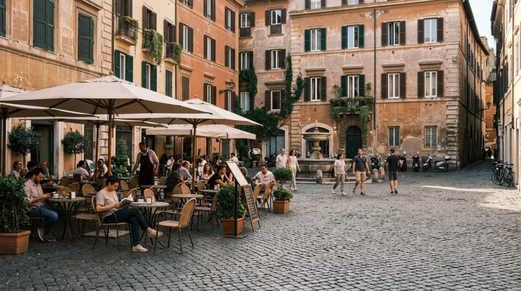 An ordinary cobblestone piazza with outdoor cafes in central Rome