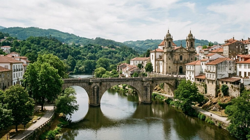 A stone bridge over the river in the town of Amarante, Portugal