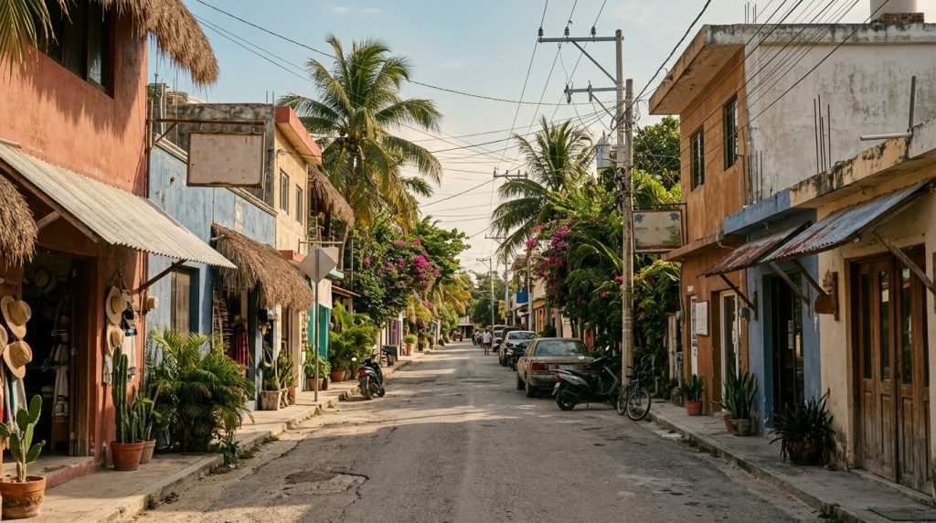 An ordinary street with small shops and palm trees in Tulum, Mexico