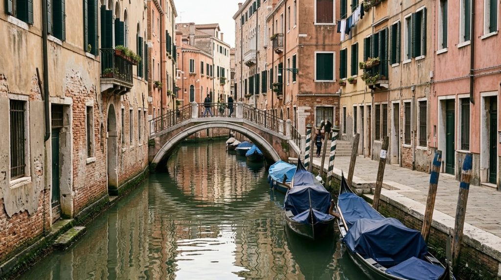 A narrow canal crossed by a stone footbridge in Venice, Italy