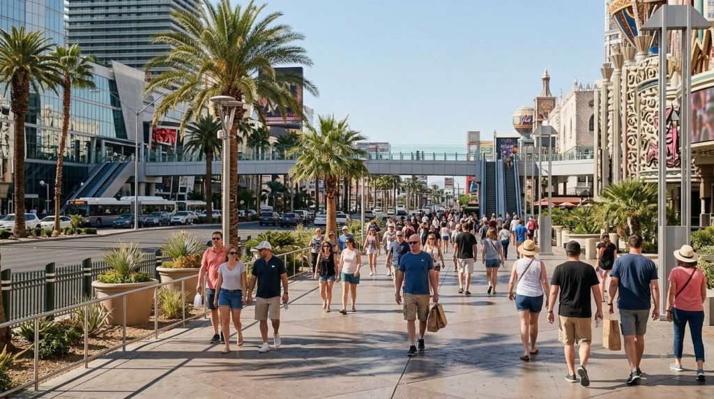 A daytime sidewalk along the Las Vegas Strip with pedestrians walking