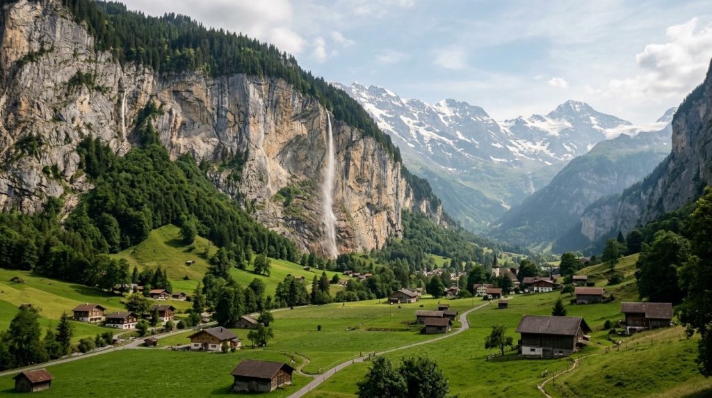 Lauterbrunnen valley waterfall and cliffs near Interlaken, Switzerland