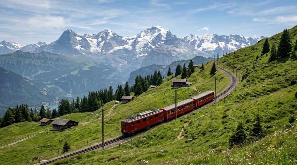 Red alpine train climbing a green mountainside near Interlaken