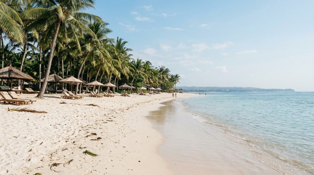Private beach loungers under palm trees at Nusa Dua, Bali