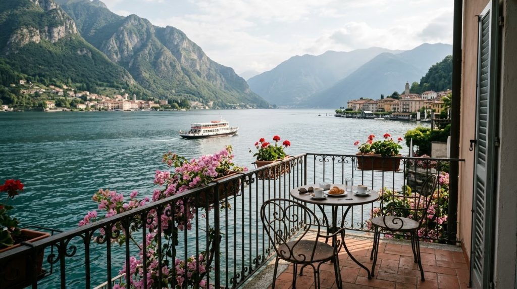 Hotel balcony view over Lake Como with a passing ferry
