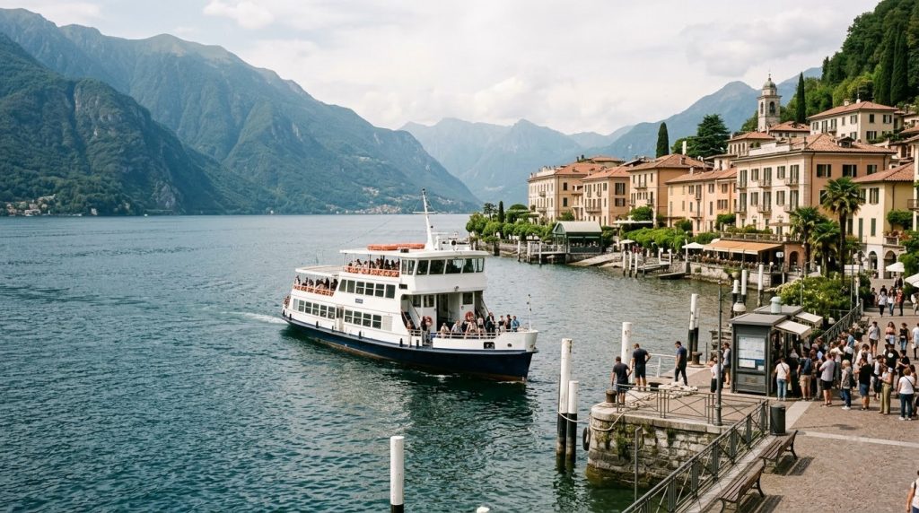 Passenger ferry arriving at the Bellagio dock on Lake Como