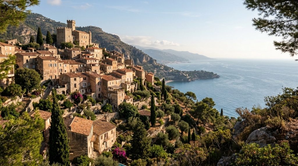 A hillside village of Roquebrune-Cap-Martin seen near Menton, France