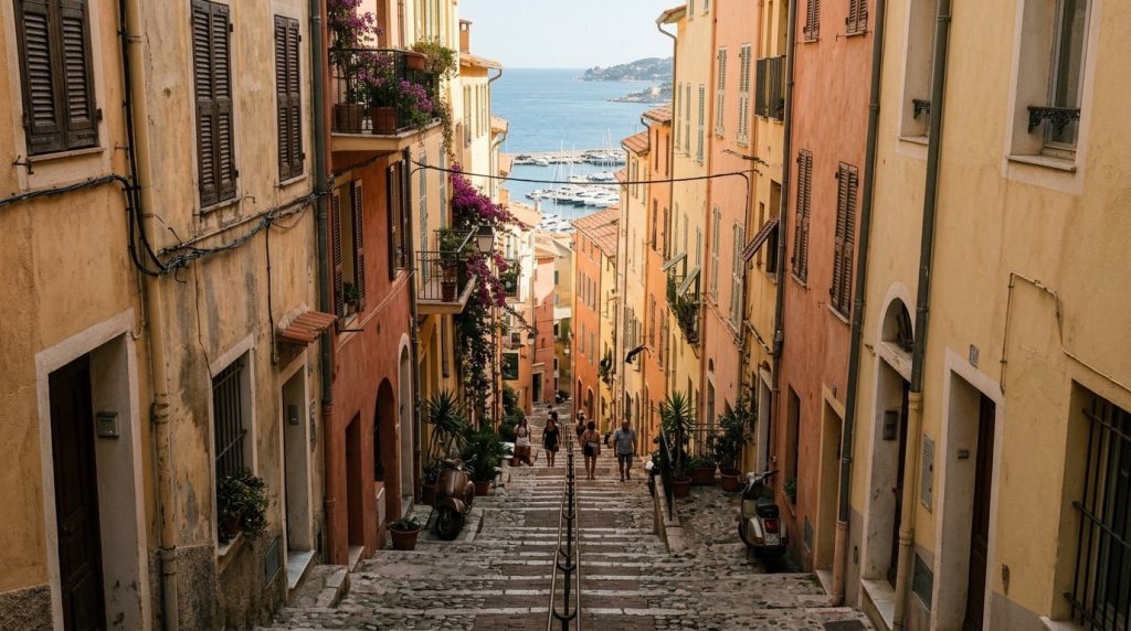 Pastel old town street leading toward the harbor in Menton