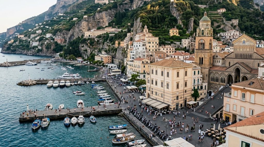 Harbor and cathedral steps in Amalfi town, Italy