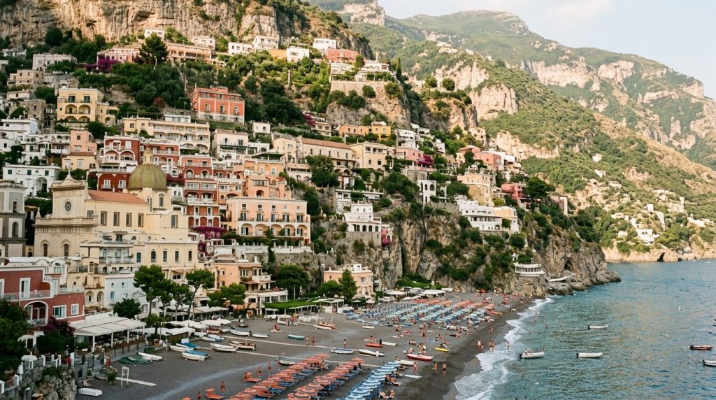 Pastel cliffside buildings above the beach in Positano, Italy