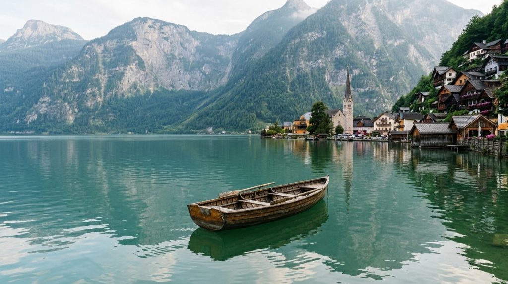 Wooden rowboat on Lake Hallstatt with the village behind, Austria